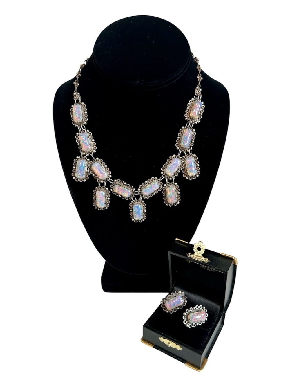 Sterling Art Glass Foil Opal Rectangle Necklace and Earring Set Iridescent Mex